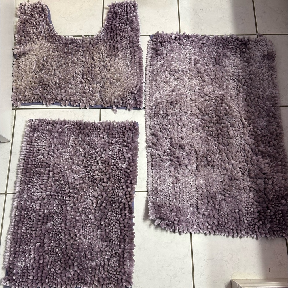 Plush Purple Bath Mat Set and Boho paisley shower curtain